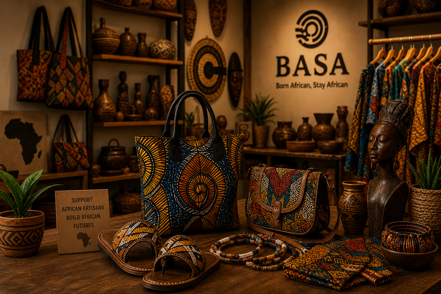 BASA store display featuring African bags, slippers and artisanal crafts — Born African, Stay African
