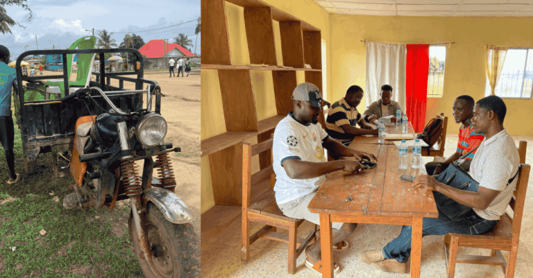 a waste management tractor and BDI staff in a meeting with a local waste management team in Sinoe